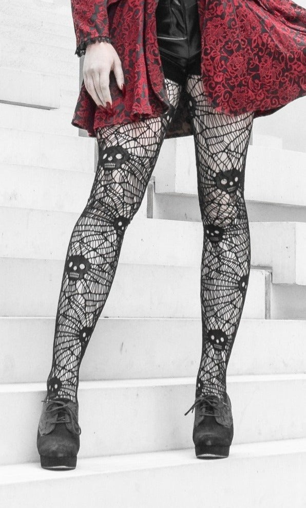 Pamela Mann Skull Web Tights - Black cobweb netted tights with skulls, perfect for Halloween.