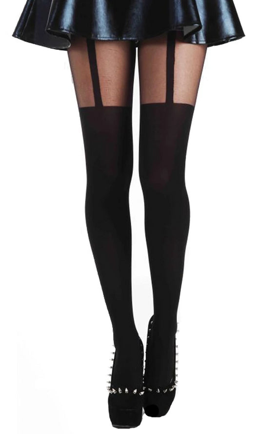 Pamela Mann Plain Stripe Tights - black mock suspender tights