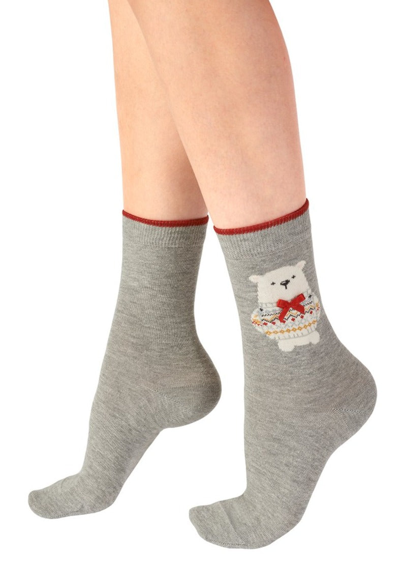 Pretty Polly - Polar Bear Ankle Socks - Light grey cotton mix Christmas ankle socks with a cute polar bear wearing a red satin bow and sparkly lurex fairisle style patterned sweater.
