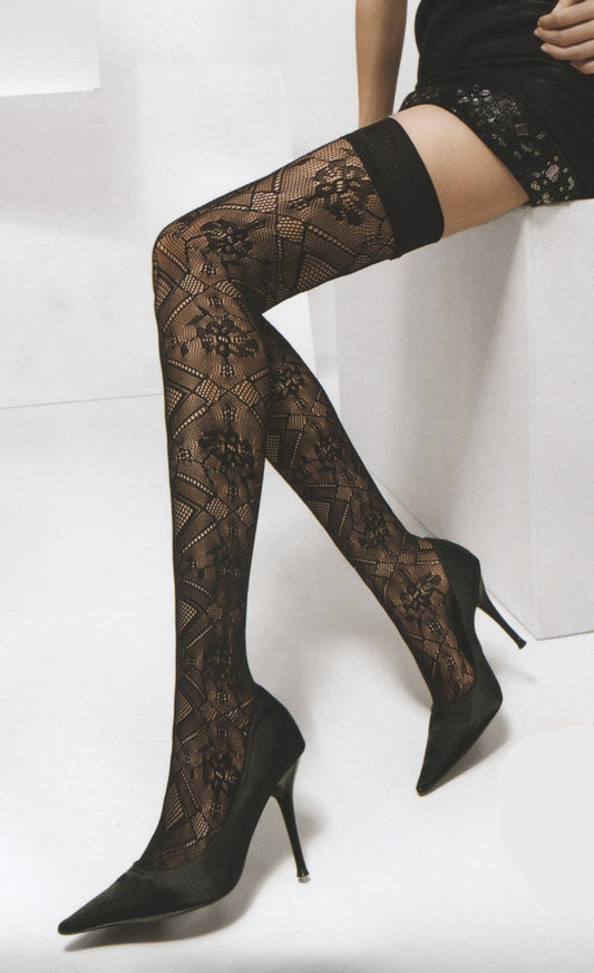 Silvia Grandi Barbara Autoreggente - Black geometric and floral lace style hold-ups with smooth plain top with silicone.