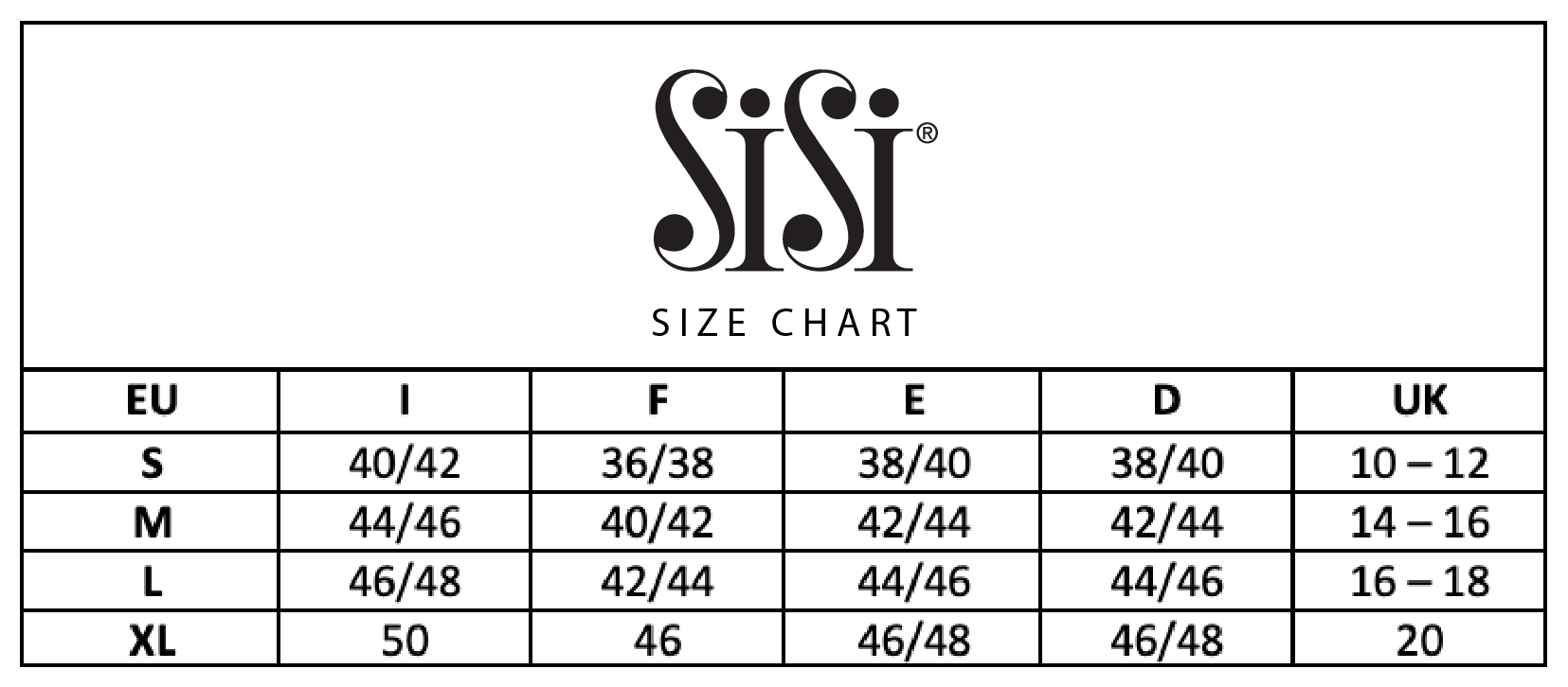 SiSi - Leggings Size Chart