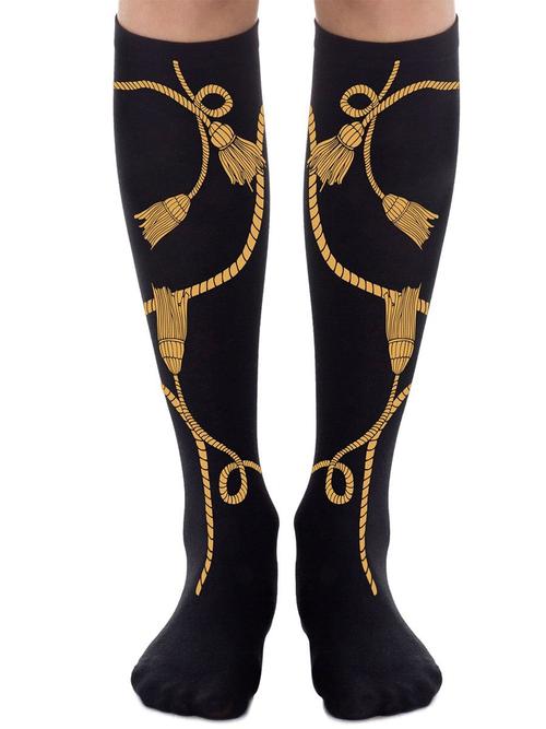 ZOHARA  CLASH ROYAL BLACK SOCKS SL600-BO - black cotton mix knee-high fashion socks with a mustard yellow rope and tassel print
