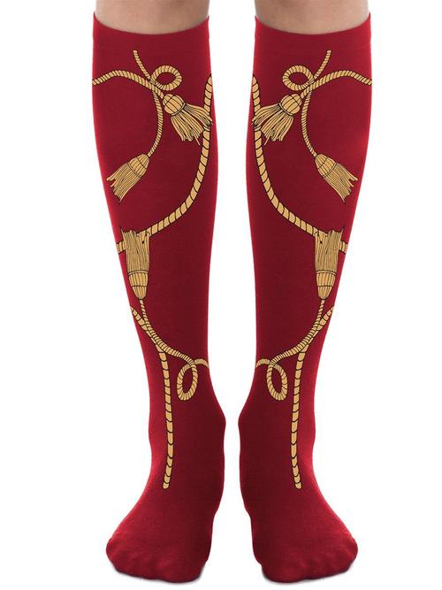 ZOHARA CLASH ROYAL RED SOCKS SL600-RO - burgundy cotton mix knee-high fashion socks with mustard yellow rope and tassel print