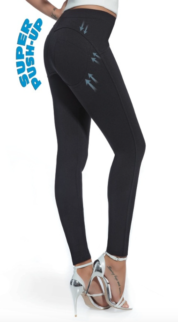 BasBleu Iggy Leggings - black mid rise leggings with faux back pockets detail with push-up effect