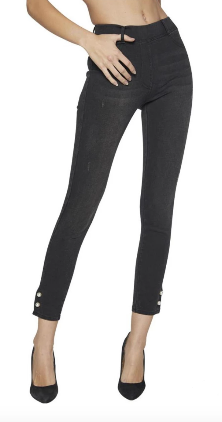 Ysabel Mora 70246 Black Jeggings - Mid rise denim leggings with a side slit opening cuff, pearl pin closer with silver stud end, rear pockets, belt loops and faux front pocket and fly stitching.
