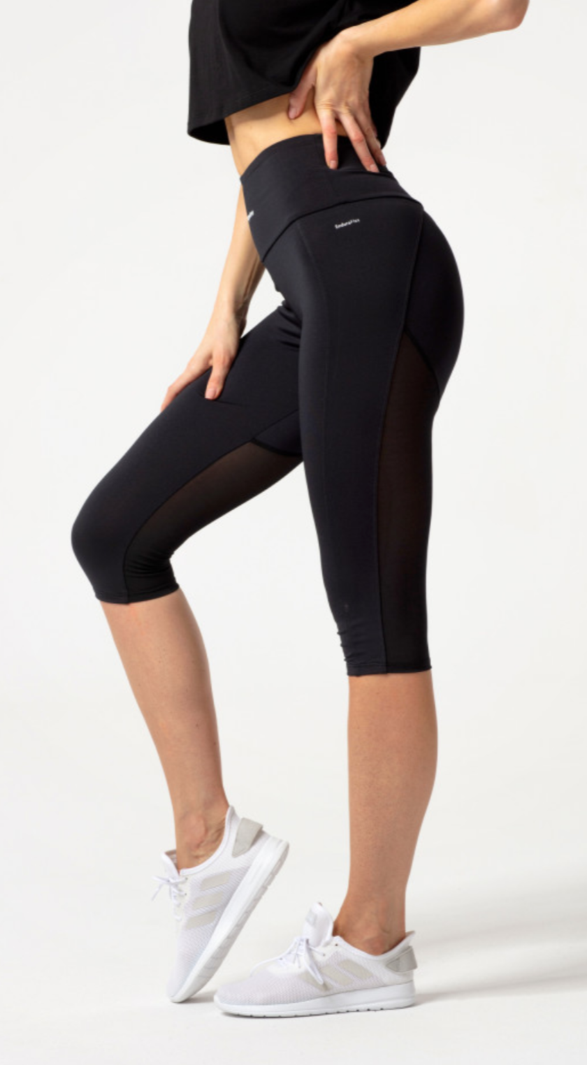 Carpatree Hyperion Tulle Capri Leggings - Black high waisted 3/4 length leggings with mesh panels at the back of the legs.