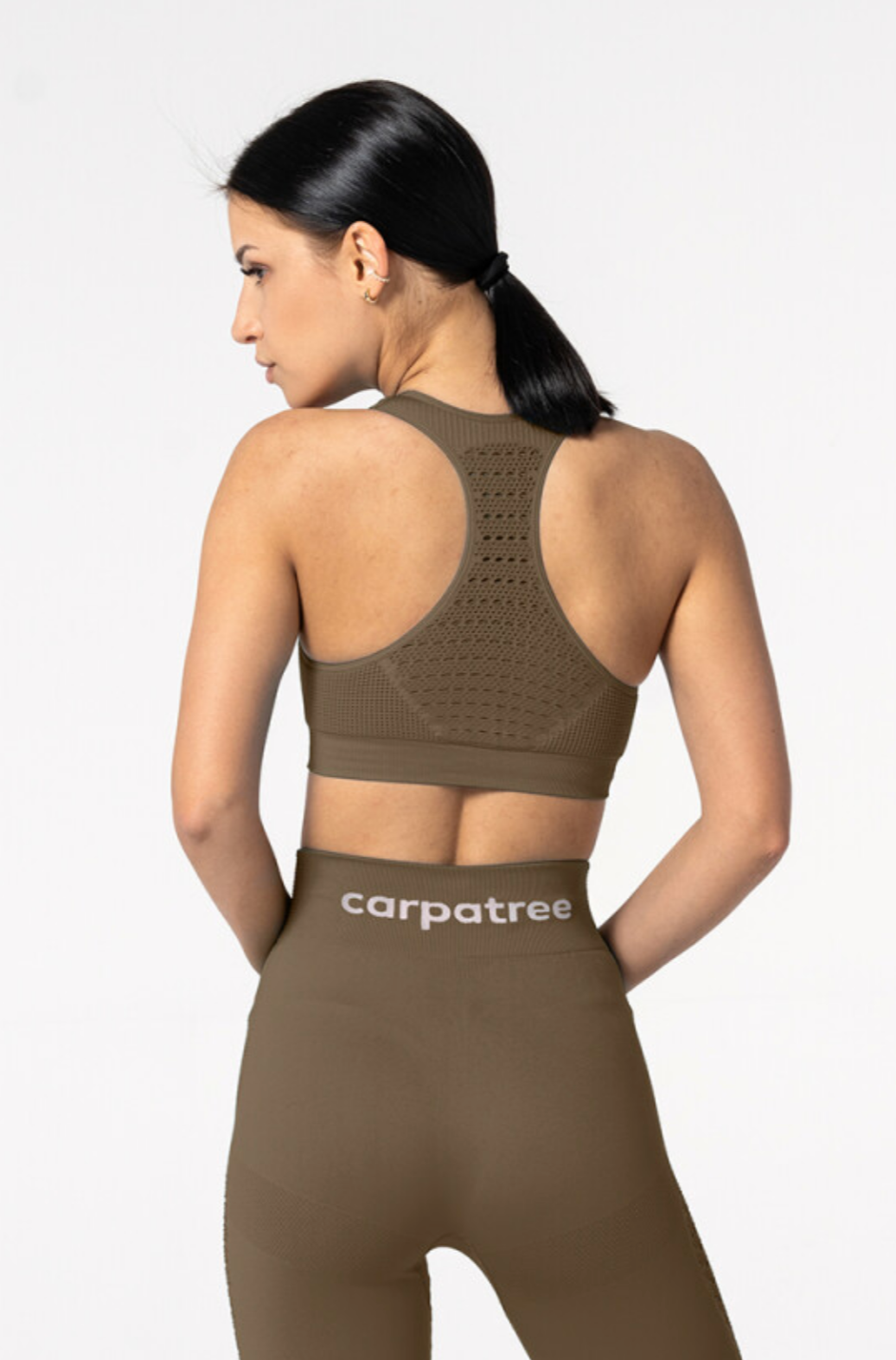 Carpatree Phase Seamless Bra - Khaki green / brown seamless sports bra with removable padding and razor back with crochet style detail.