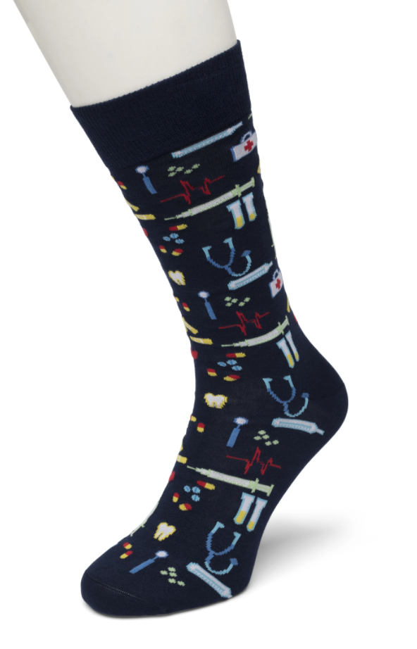 Bonnie Doon Nursing Sock - navy cotton ankle socks with a nurse and doctor themed pattern. The perfect gift to our front line hospital staff heroes.