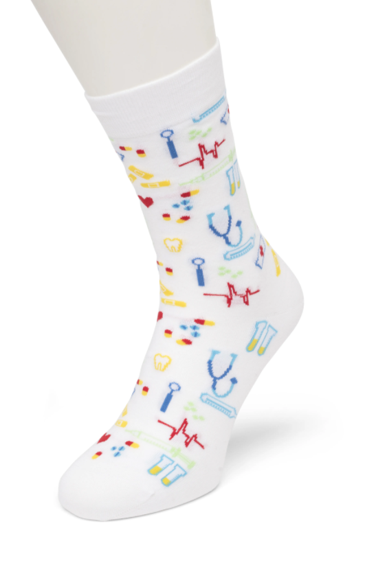 Bonnie Doon Nursing Sock - white cotton ankle socks with a nurse and doctor themed pattern. The perfect gift to our front line hospital staff heroes.
