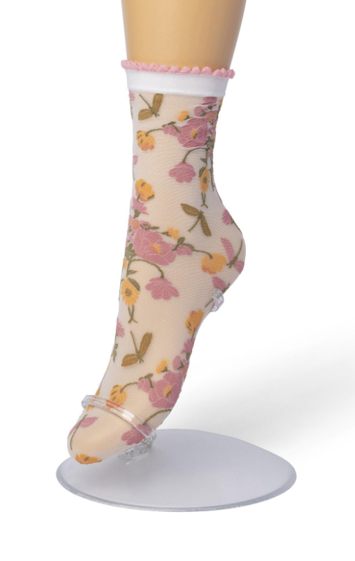 Bonnie Doon Retro Flower Sock - Sheer fashion ankle socks with a woven floral pattern and scalloped edge cuff.