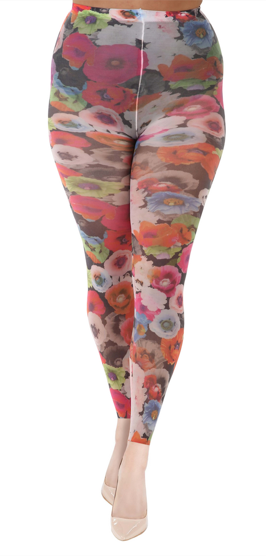 Pamela Mann Poppy Printed Footless Tights - White opaque footless tights with an all over multicoloured floral print pattern.