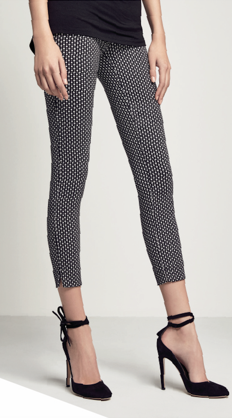 Omsa Sweet Share Leggings - Black trouser leggings (treggings) in stretch viscose with a white micro texture geometric pattern, side slits at ankle and high waist.