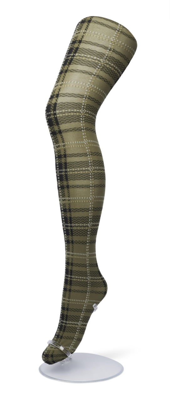 Bonnie Doon London Checks Tights - Opaque fashion tights with a woven tartan style pattern in khaki green, black and white.