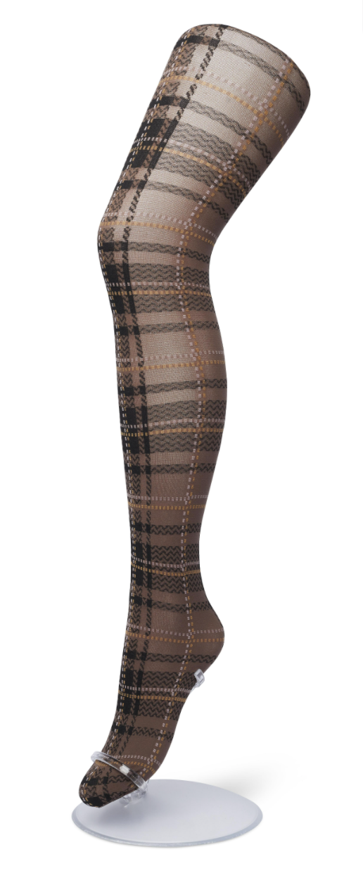 Bonnie Doon London Checks Tights - Opaque fashion tights with a woven tartan style pattern in taupe brown, black, mustard and light pink.