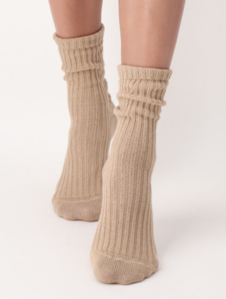 OroblÌ_ All Colors Bootie Sock - Camel beige soft ribbed knitted cotton ankle socks with plain sole, shaped heel and turn down cuff.