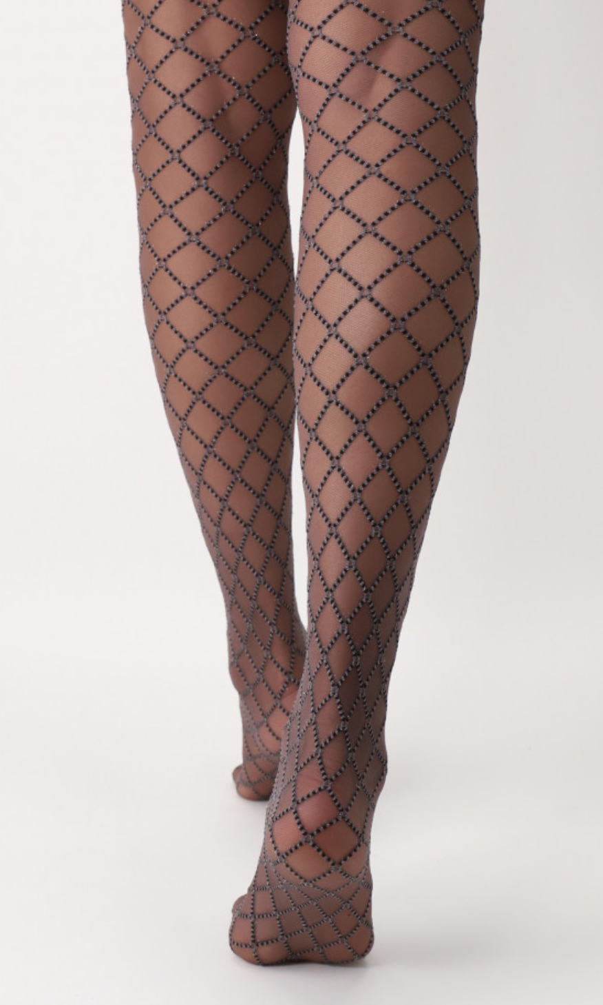 OroblÌ_ VOBC6664 Rich Diamond Collant - Sheer taupe brown micro-mesh effect fashion tights with a black and silver woven diamond pattern, gusset, flat seams and deep comfort waistband.