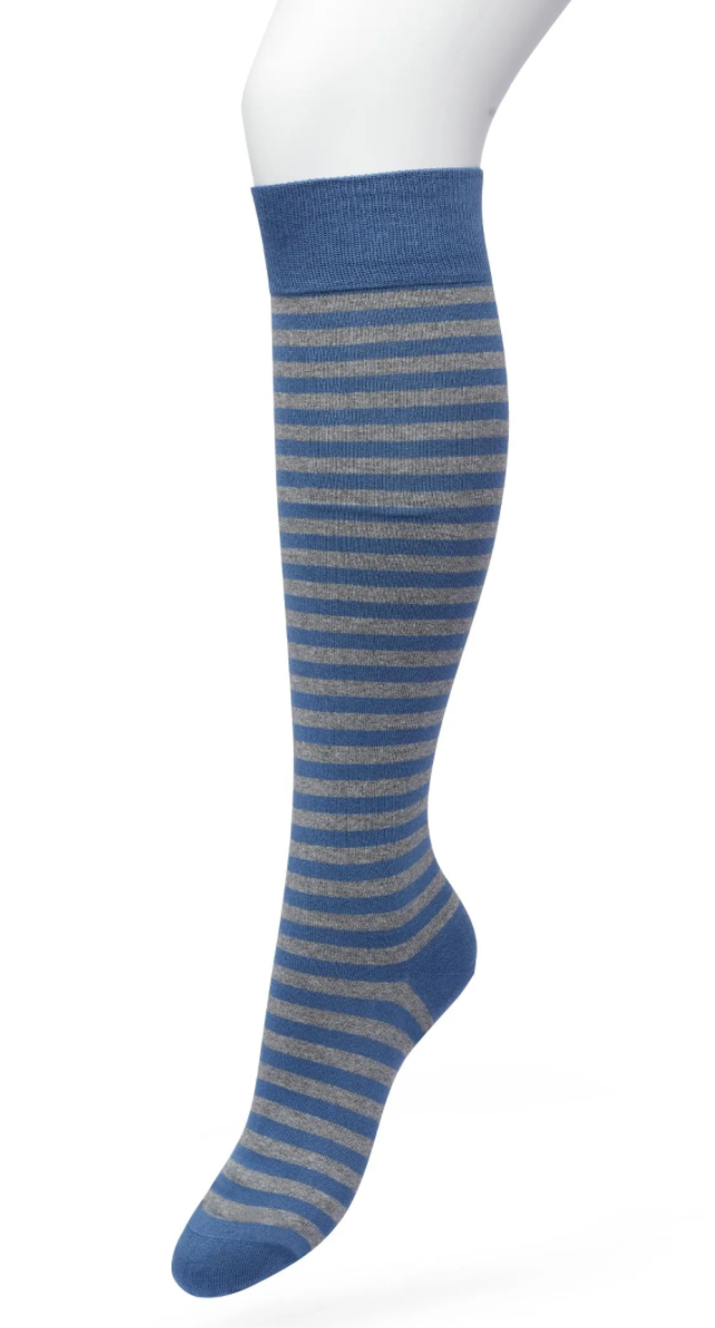 Bonnie Doon BP211511 Basic Stripe Knee-High - Cotton knee-high socks with a grey and blue horizontal stripe with contrast colour, shaped heel, flat toe seam and deep elasticated cuff.