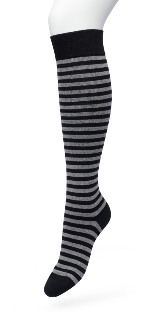 Bonnie Doon BP211511 Basic Stripe Knee-High - Cotton knee-high socks with a grey and black horizontal stripe with contrast colour, shaped heel, flat toe seam and deep elasticated cuff.