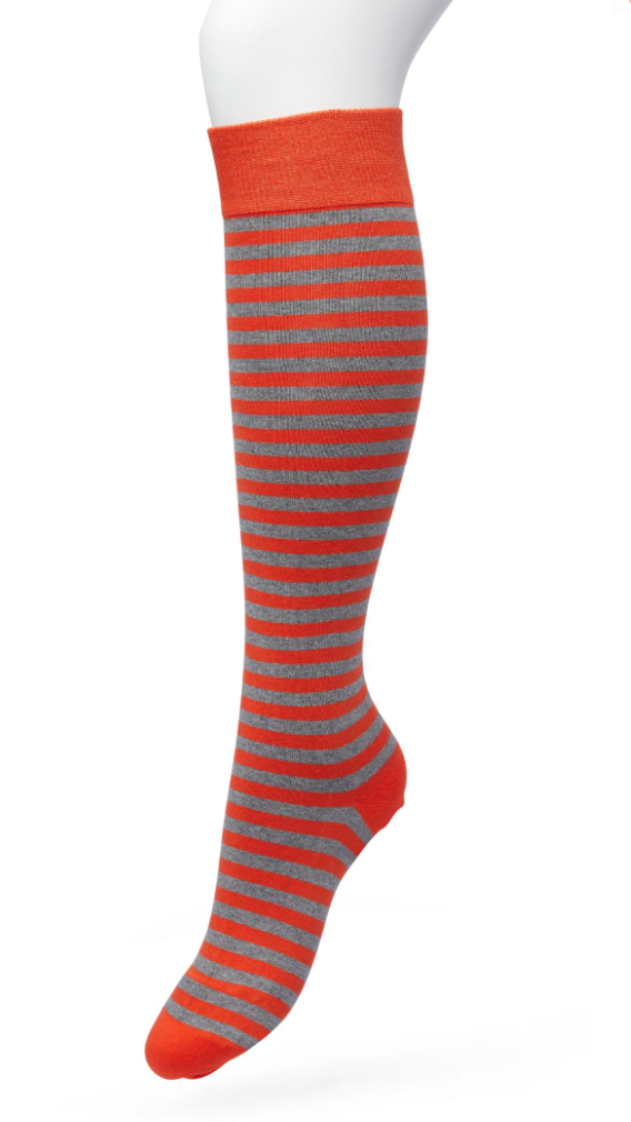 Bonnie Doon BP211511 Basic Stripe Knee-High - Cotton knee-high socks with a grey and orange horizontal stripe with contrast colour, shaped heel, flat toe seam and deep elasticated cuff.