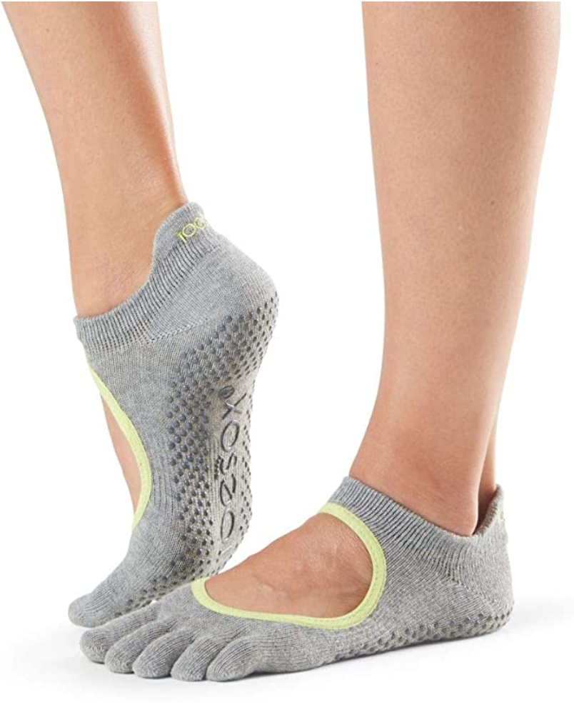 ToeSox Bellarina Full Toe - light grey with lime trim pilates yoga toe socks