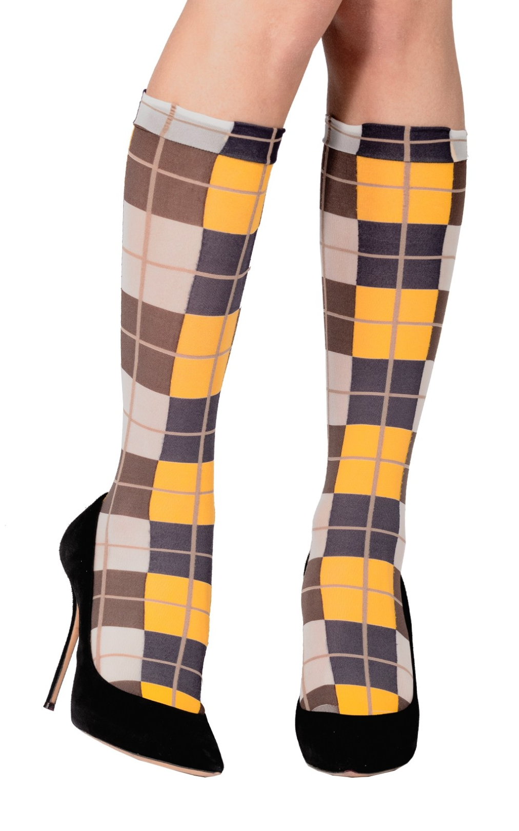 Emilio Cavallini Classic Tartan Knee-high socks - Mustard, brown, white and navy fashion knee-high socks with a woven square tartan style pattern.