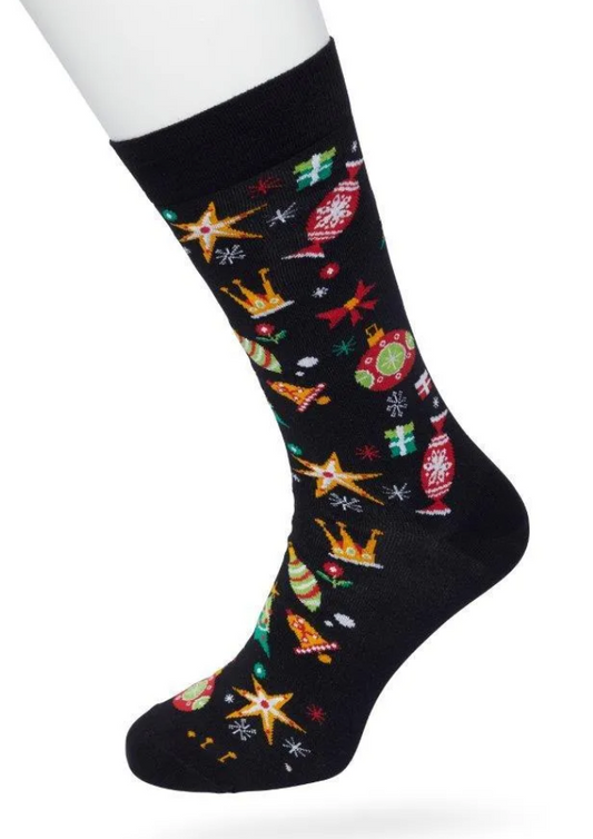 Bonnie Doon Christmas Spirit Socks - Black Christmas themed cotton crew length ankle socks with multicoloured stars, presents, Christmas trees, snowflakes, baubles, sweets and crowns pattern and flat toe seams.