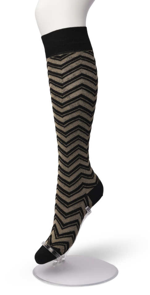 Bonnie Doon LL201501 Glittering Zig Zag Knee-high - Black cotton knee-high socks with a gold sparkly metallic zig-zag pattern, elasticated comfort cuff, shaped heel and flat toe seams.
