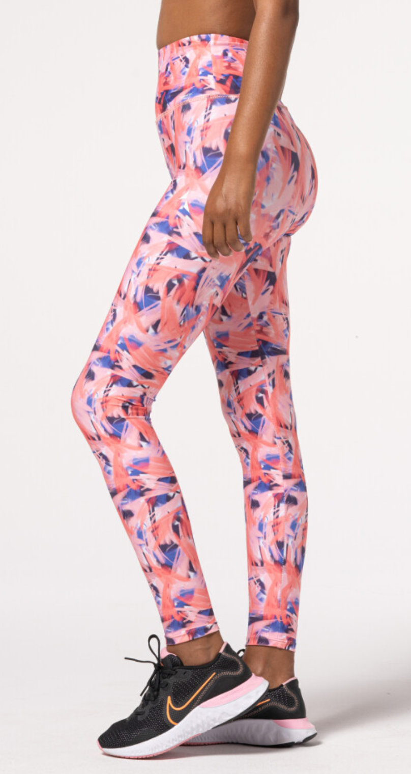 Carpatree Impression Print Leggings - High waisted white sports leggings with an abstract brush stroke style printed pattern in shades of pink, blue and lilac. Made of breathable quick drying thermoactive fabric these leggings have flat seams are soft and stretchy allowing you to train effectively and comfortably.