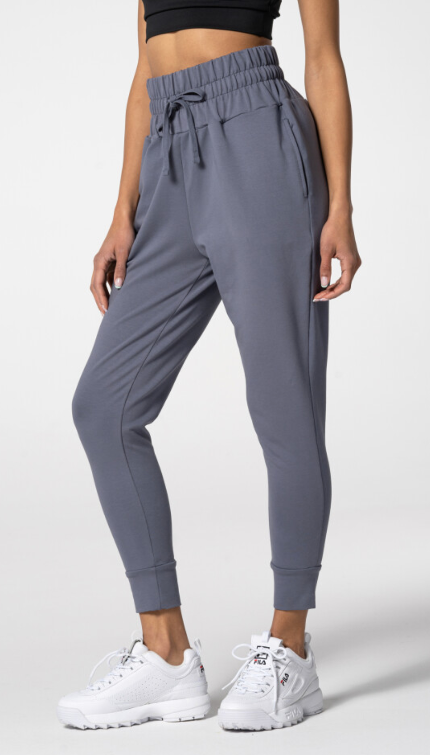 Carpatree Fair Sweatpants - Grey jogger style tracksuit bottoms with deep elasticated high waist that ties and pockets. Made of strong stretch cotton.