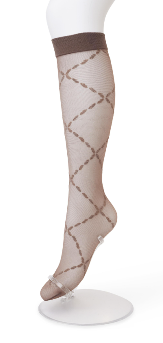 Bonnie Doon BP211504 Lozenge Knee-Highs - Light brown taupe (shopping bag) sheer fashion knee-high socks with a woven criss-cross chain style diamond pattern and plain comfort cuff.