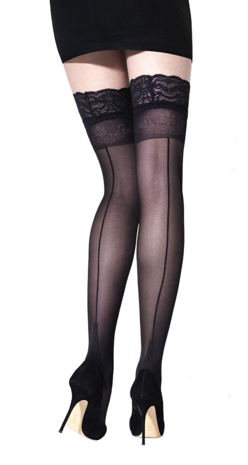 Emilio Cavallini Classic Back Seam Stay Ups - Semi sheer black hold-ups with back seam stripe, deep luxury lace top with silicone strips and reinforced toe.