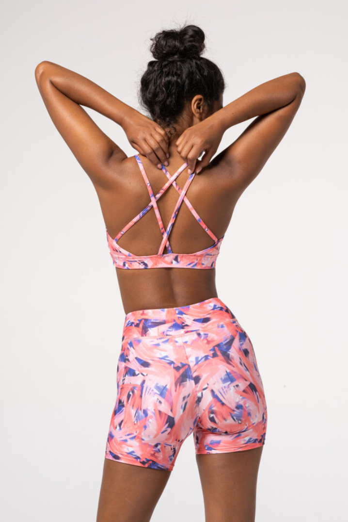 Carpatree Impression Print shorts - High waisted white sports shorts with an abstract brush stroke style printed pattern in shades of pink, blue and lilac. Made of breathable quick drying EnduraFlex fabric these shorts have flat seams are soft and stretchy allowing you to train effectively and comfortably.