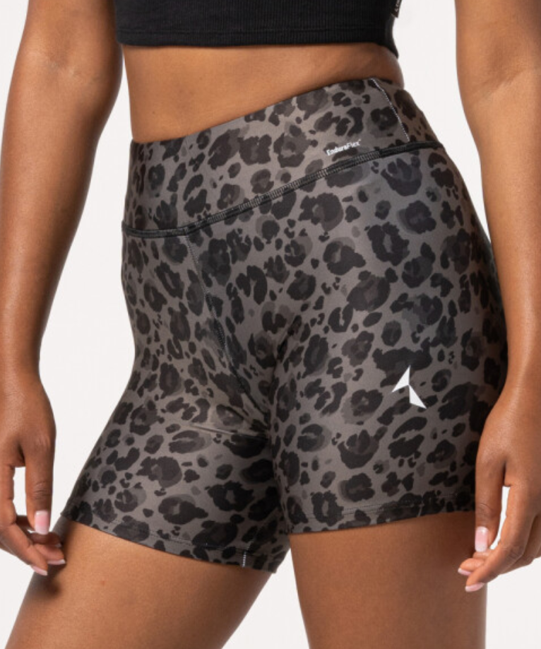 Carpatree Leopard Print Shorts - High waisted white sports shorts with a grey and black style leopard print style printed pattern. Made of breathable quick drying EnduraFlex fabric these shorts have flat seams are soft and stretchy allowing you to train effectively and comfortably.