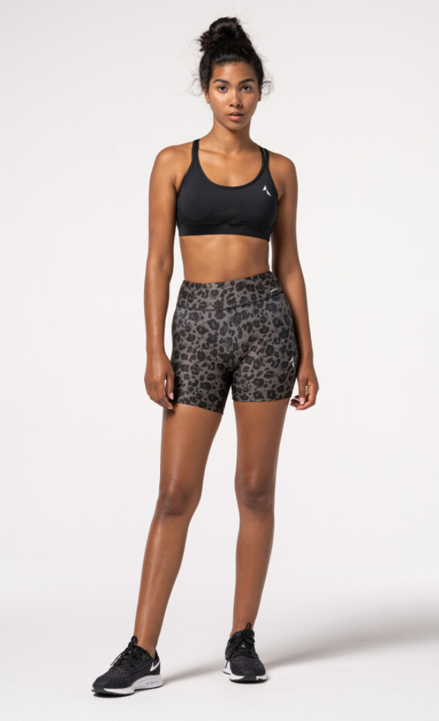 Carpatree Leopard Print Shorts - High waisted white sports shorts with a grey and black style leopard print style printed pattern. Made of breathable quick drying EnduraFlex fabric these shorts have flat seams are soft and stretchy allowing you to train effectively and comfortably.