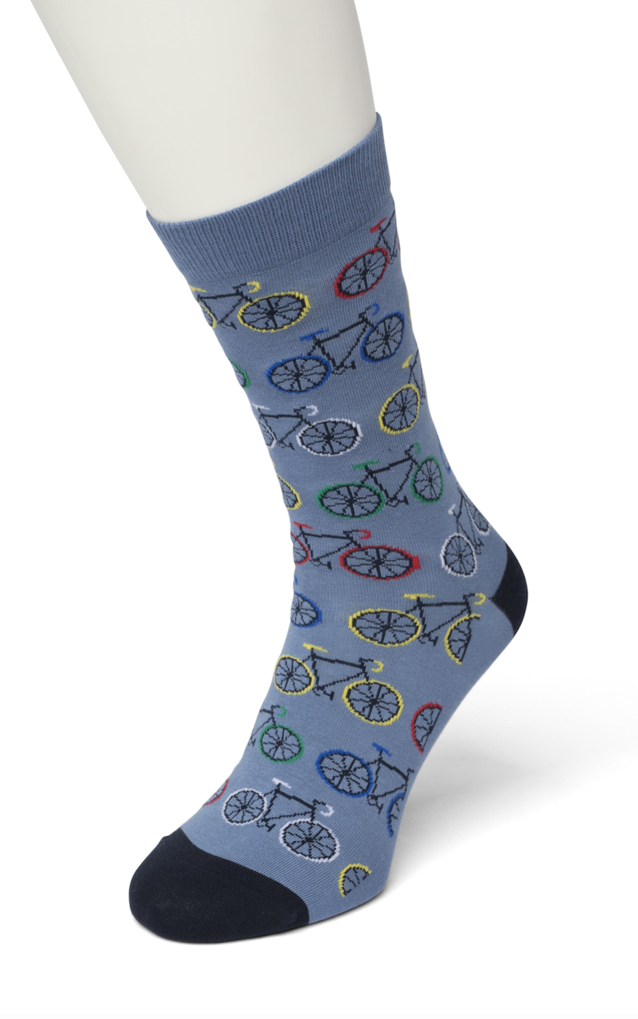 Bonnie Doon BT9921.03 Biker Sock - Denim blue cotton mix ankle socks with light grey road bike pattern with red, blue, black and yellow wheels, seat and handle bars, light grey toe and heel. Available in men and women sizes.
