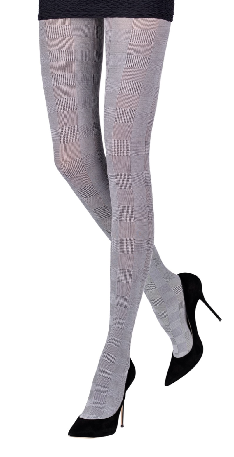 Emilio Cavallini Glen Plaid Tights - Opaque fashion tights with a woven plaid check style pattern in black and white (light grey).