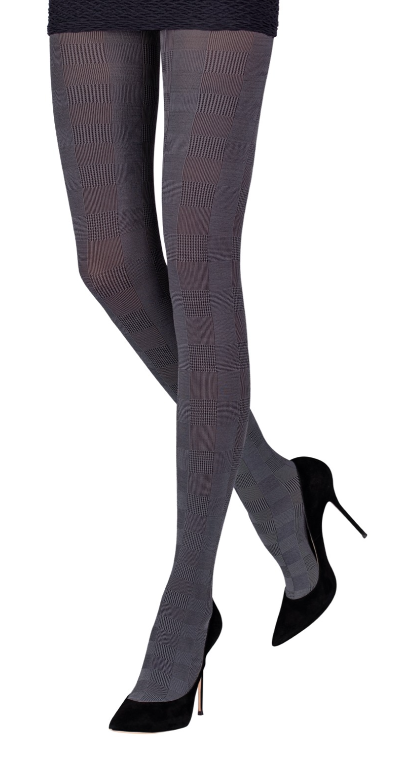 Emilio Cavallini Glen Plaid Tights - Opaque fashion tights with a woven plaid check style pattern in black and grey.
