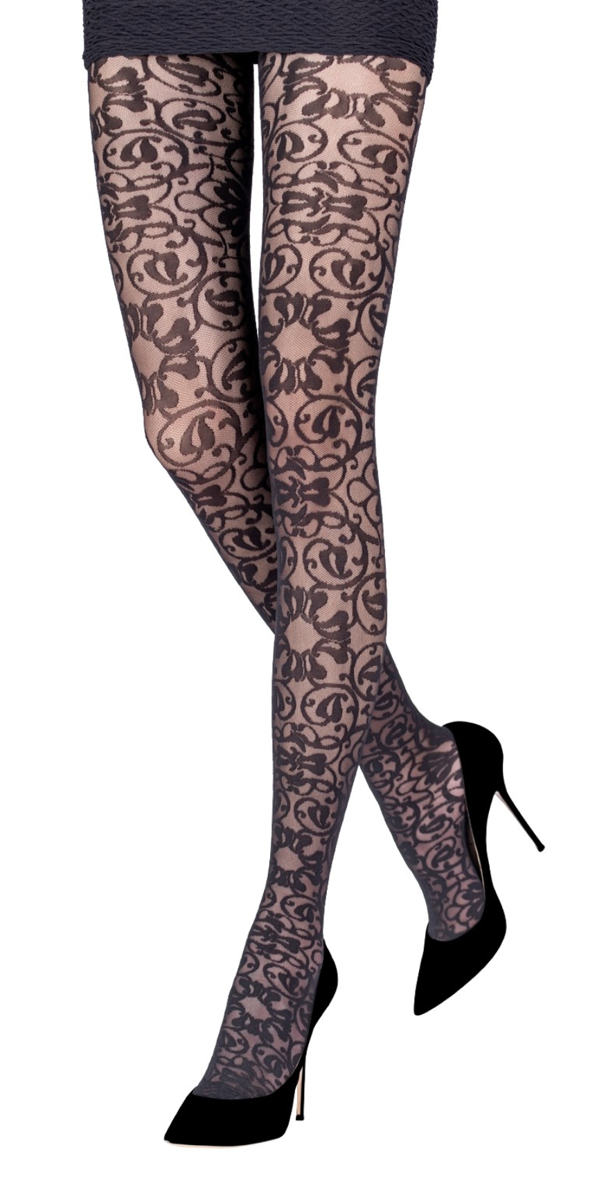 Emilio Cavallini Petunia Tights - Sheer black micromesh tights with a rococo style floral lace pattern.