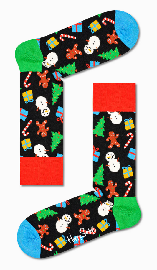 Happy Socks Bring It On Sock - Cotton crew length ankle socks with a multicoloured Christmas themed pattern of ginger bread men, candy canes, snowmen, presents, Xmas trees on a black background with light blue toe, green heel and red cuff.