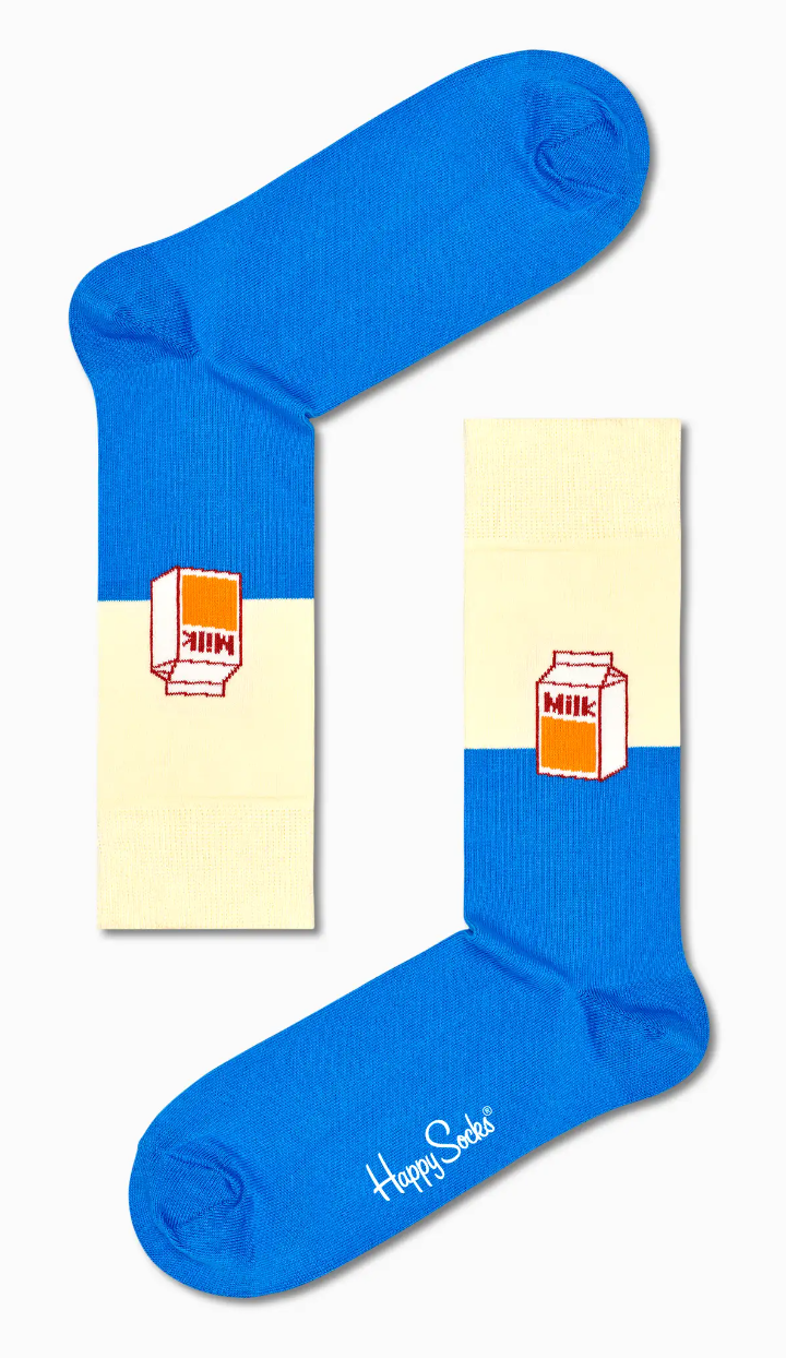 Happy Socks Milk Sock - Cotton crew length ankle socks with a milk carton design, sky blue top and cream on the bottom half.