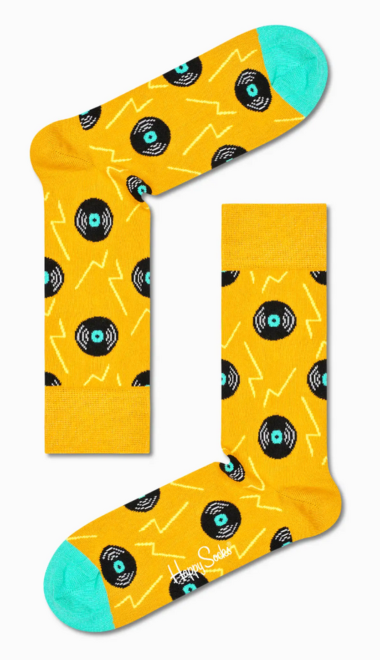 Happy Socks Vinyl Sock - Mustard cotton crew length ankle socks with an all over vinyl record style pattern in black, mint green and grey and a mint green toe.
