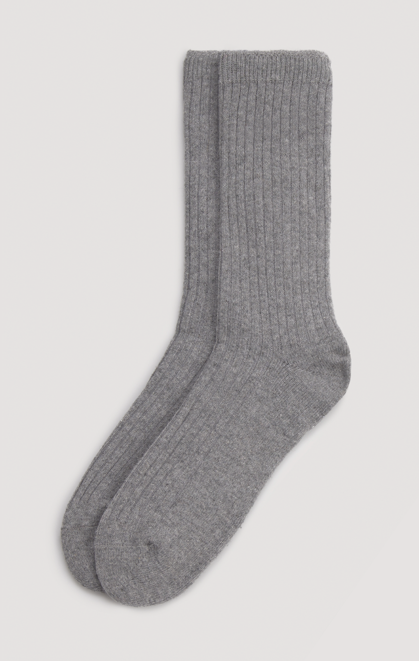 Ysabel Mora Double Sock - Light grey soft and warm fleece lined knitted ribbed socks with soft top cuff.
