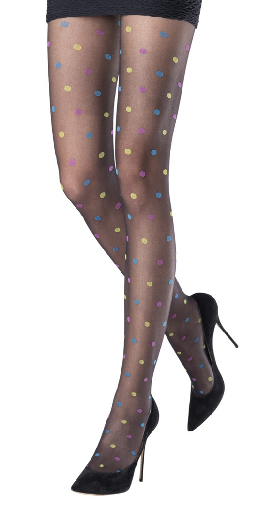 Emilio Cavallini Multi Spot Tights - Sheer black fashion tights with a woven multi-coloured polka dots pattern in pink, yellow and blue.
