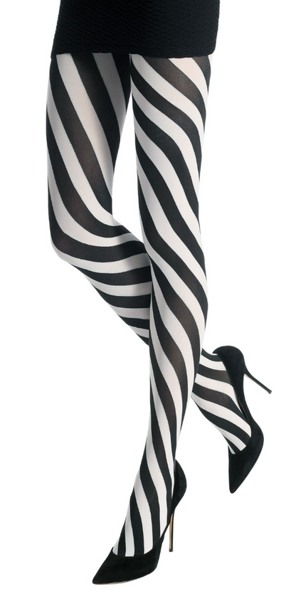 Emilio Cavallini Two Toned Spiral Tights - black and white diagonal striped tights, worn with black mini skirt and high heels.