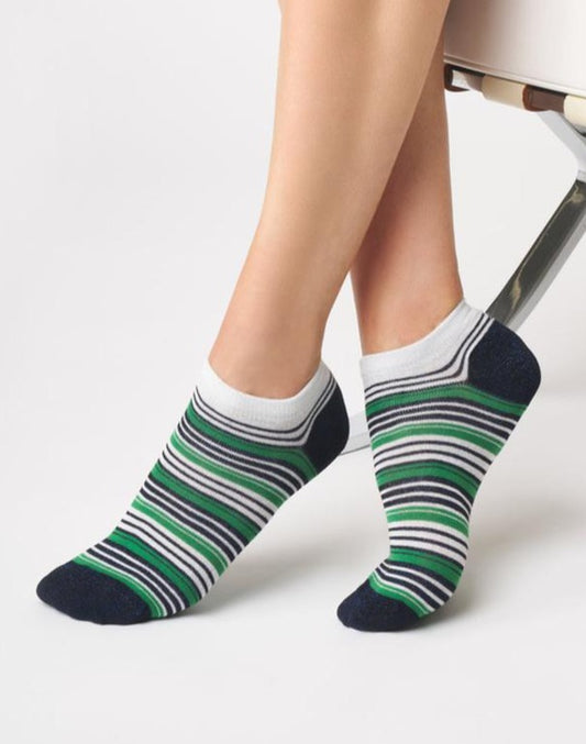 SiSi Multistripes Minicalzino - Low ankle viscose mix fashion socks with a stripe pattern in black with blue lurex, green and sparkly silver, shaped heel and flat toe seam.