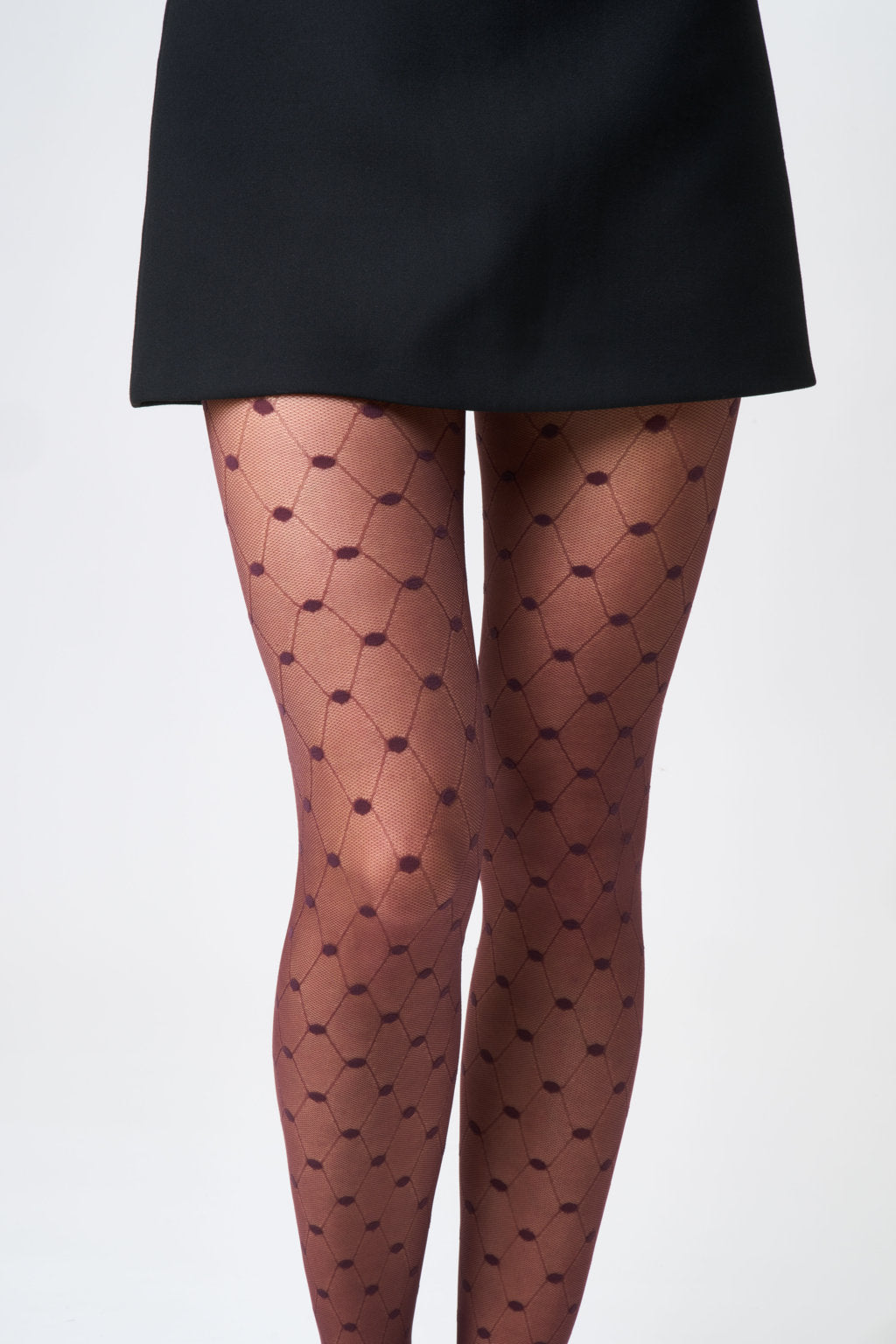SiSi Spider Collant - Sheer burgundy fashion tights with an all over enclosed fishnet and spot style pattern