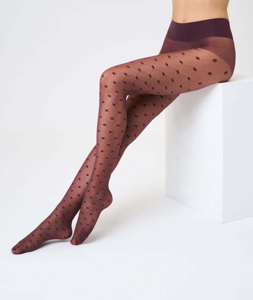 SiSi Spider Collant - Sheer wine fashion tights with an all over enclosed fishnet and spot style pattern, seamless panty brief.