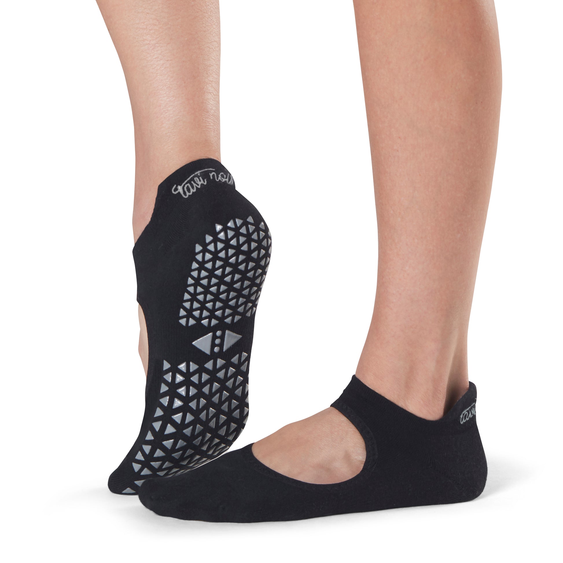 TaviNoir Emma Socks - black low ankle cotton yoga and pilates socks with gripper sole and open front ballerina style.