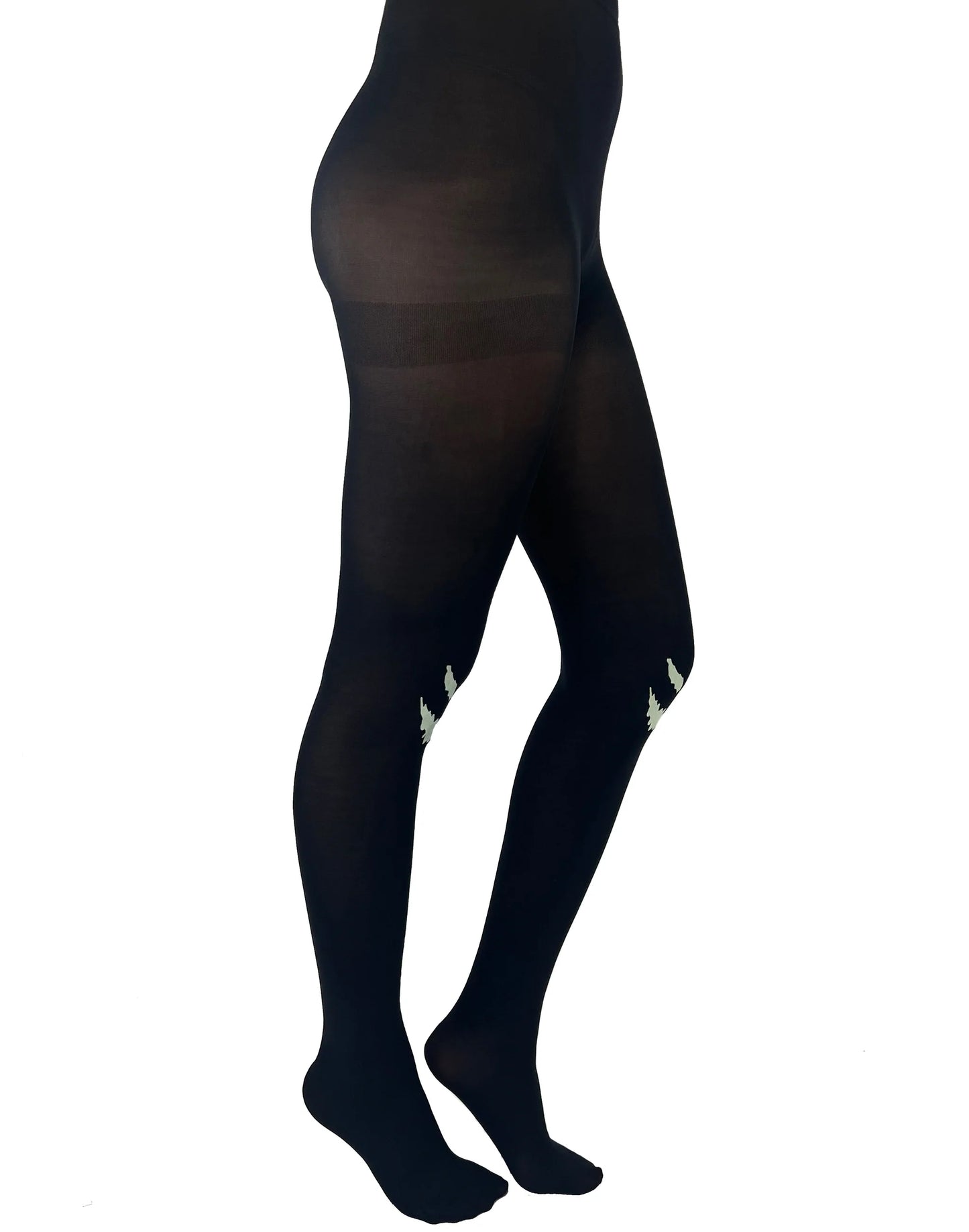 Pamela Mann Spooky Face Tights - Black opaque tights with a glow in the dark Jack-o'-lantern style face on the knees, perfect for Halloween.