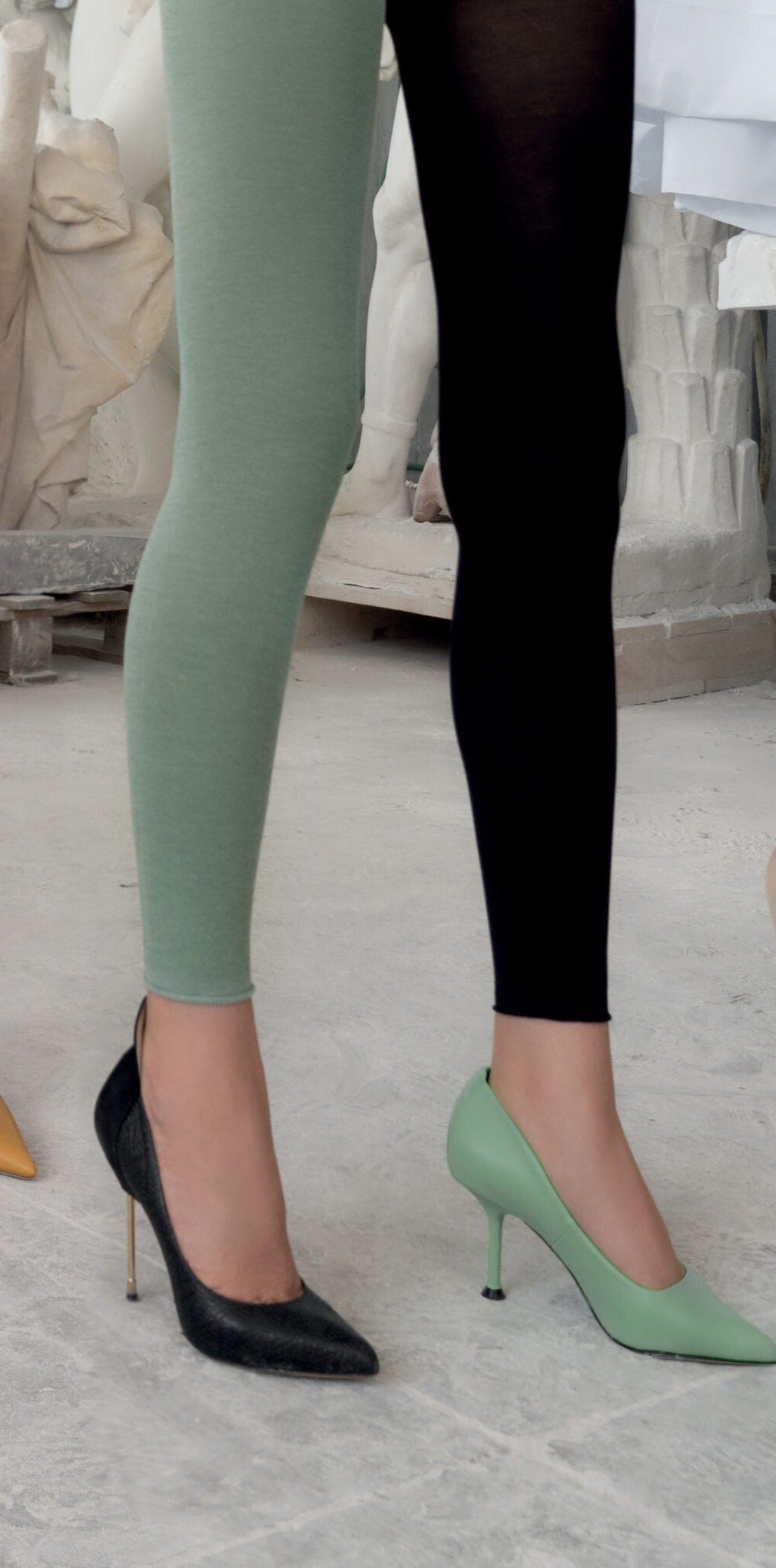 Trasparenze Erica Leggings - Soft opaque knitted footless tights with a slight stone wash effect, no cuff roll edge cuff, flat seams and gusset. Available in pink, red, green, blue yellow and black.